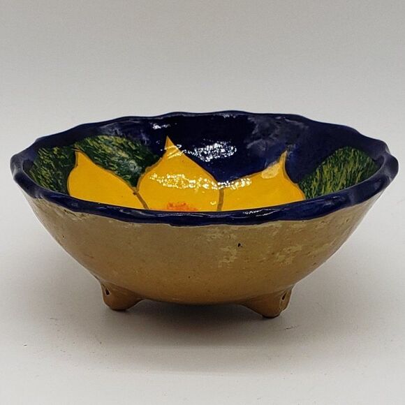 Mexican Talavera 4" Hand Painted Blue Yellow Sunflower 3 Footed Pottery Bowl - Picture 5 of 11